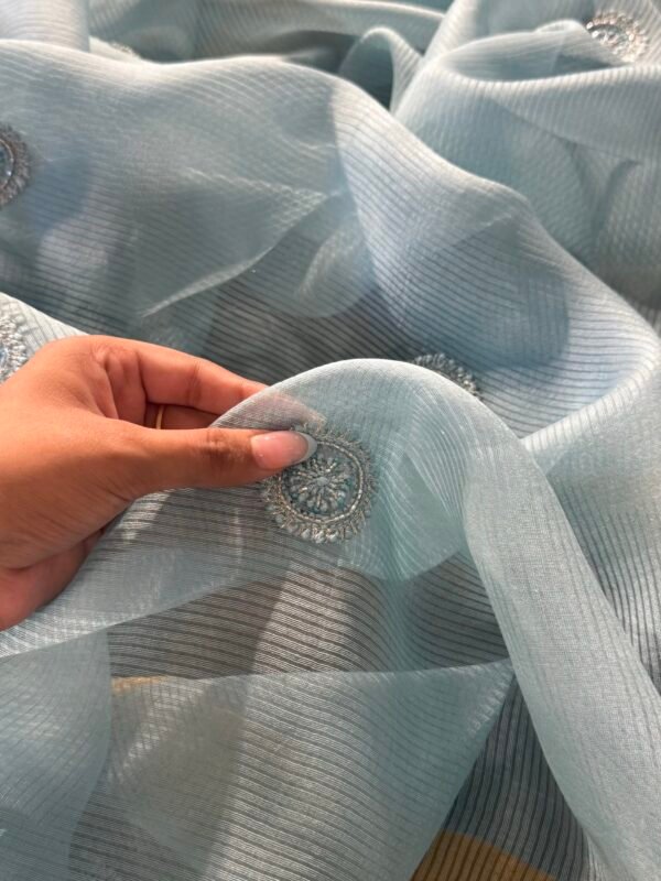 Powder Blue Linen silk Chikankari With Ari Work Unstitched Kurta Dupatta Set Copy - Image 13