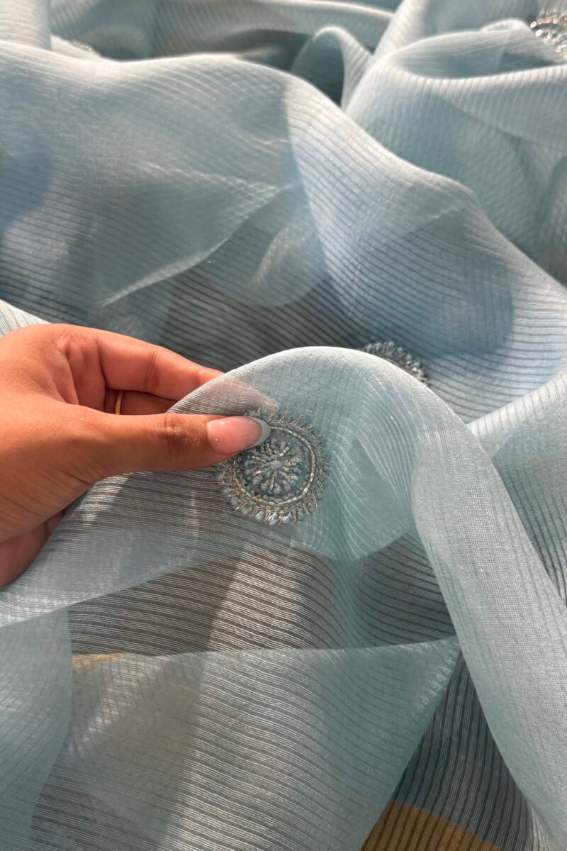 Powder Blue Linen silk Chikankari With Ari Work Unstitched Kurta Dupatta Set Copy