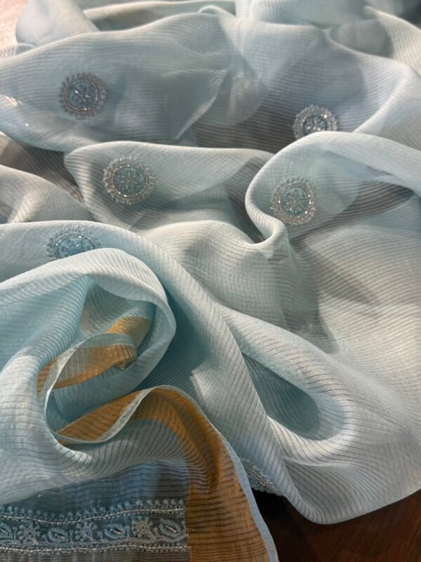 Powder Blue Linen silk Chikankari With Ari Work Unstitched Kurta Dupatta Set Copy - Image 12