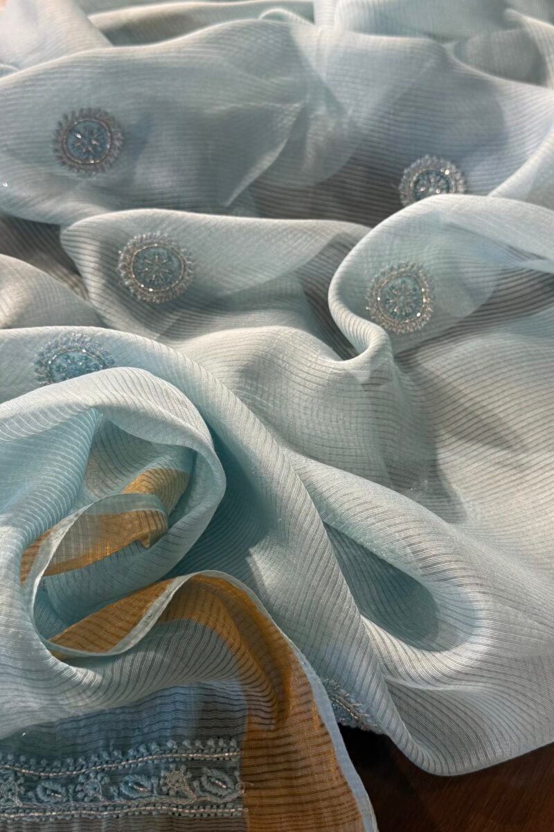 Powder Blue Linen silk Chikankari With Ari Work Unstitched Kurta Dupatta Set Copy