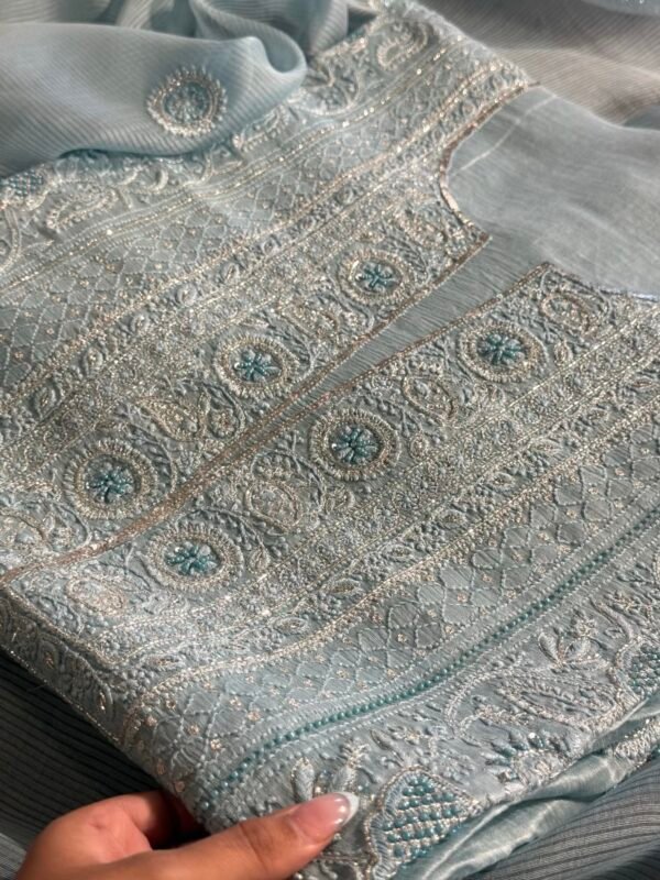 Powder Blue Linen silk Chikankari With Ari Work Unstitched Kurta Dupatta Set Copy - Image 10