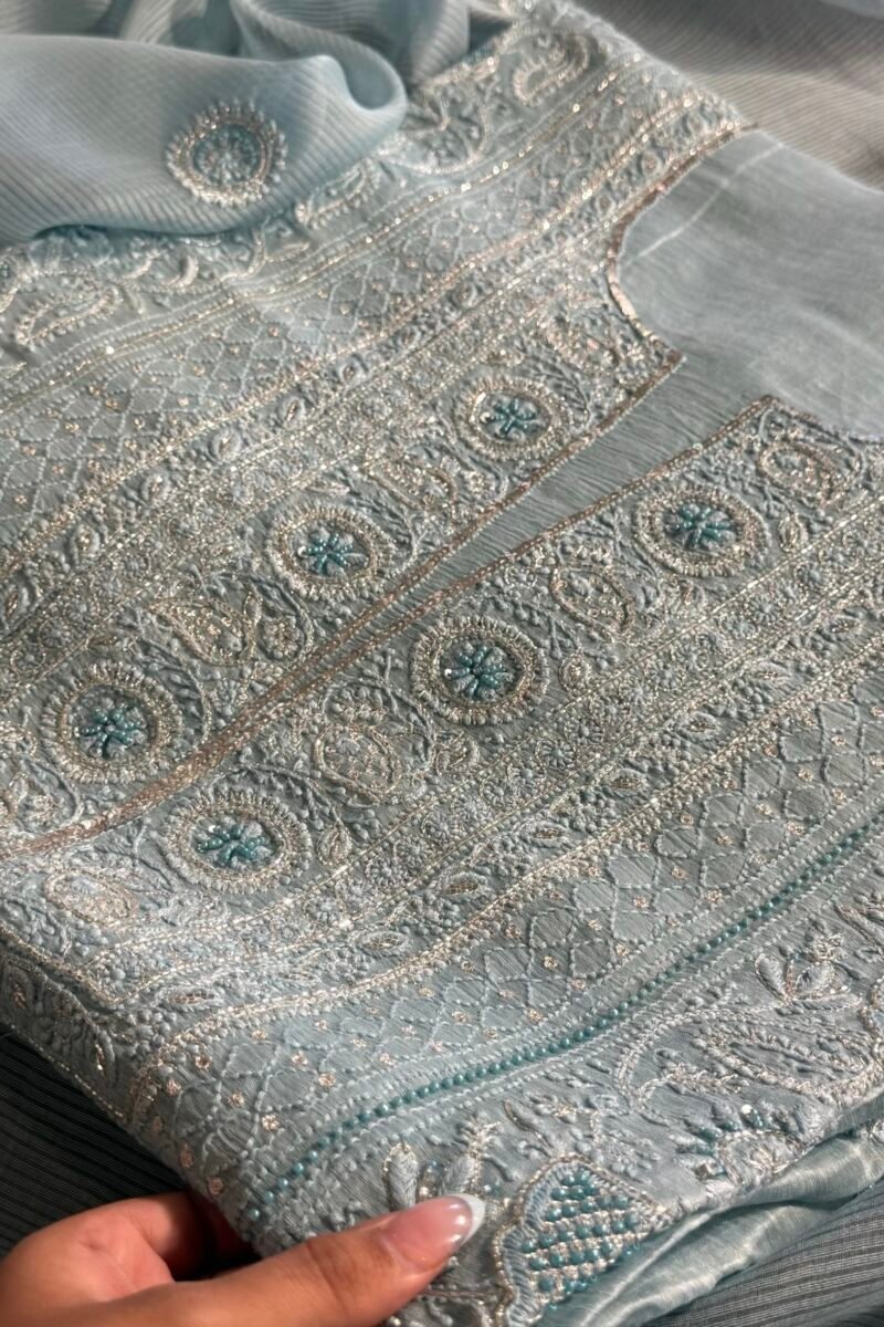 Powder Blue Linen silk Chikankari With Ari Work Unstitched Kurta Dupatta Set Copy