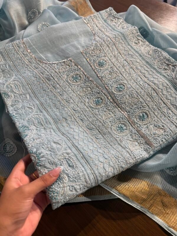 Powder Blue Linen silk Chikankari With Ari Work Unstitched Kurta Dupatta Set Copy