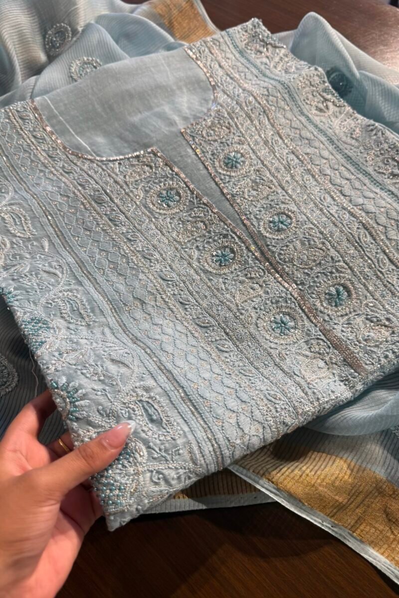 Powder Blue Linen silk Chikankari With Ari Work Unstitched Kurta Dupatta Set Copy