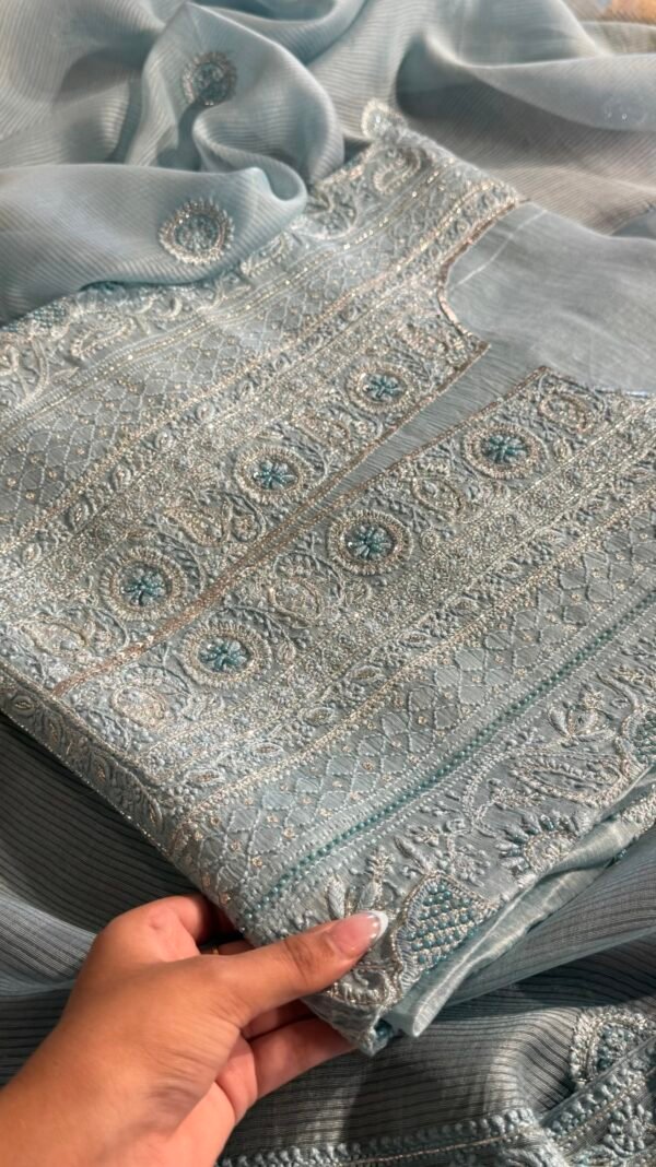 Powder Blue Linen silk Chikankari With Ari Work Unstitched Kurta Dupatta Set Copy - Image 5