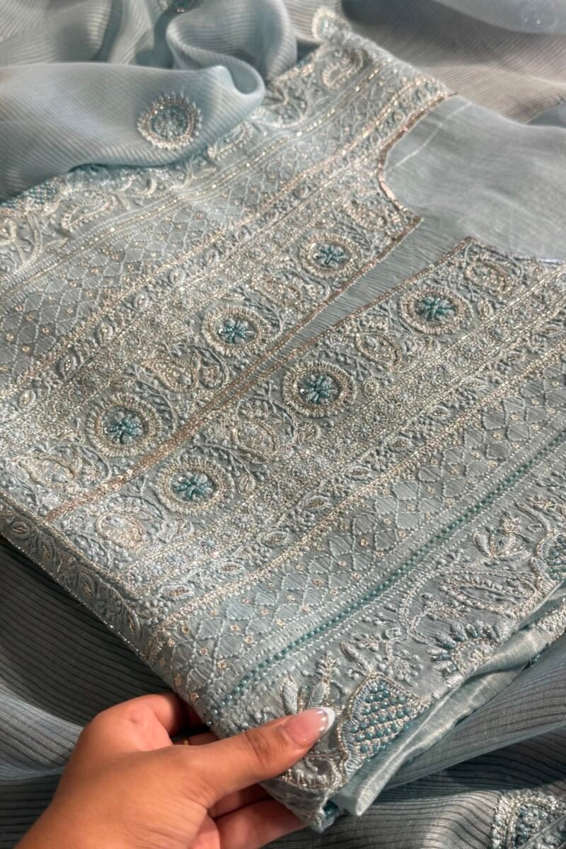 Powder Blue Linen silk Chikankari With Ari Work Unstitched Kurta Dupatta Set Copy