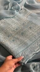 Powder Blue Linen silk Chikankari With Ari Work Unstitched Kurta Dupatta Set Copy