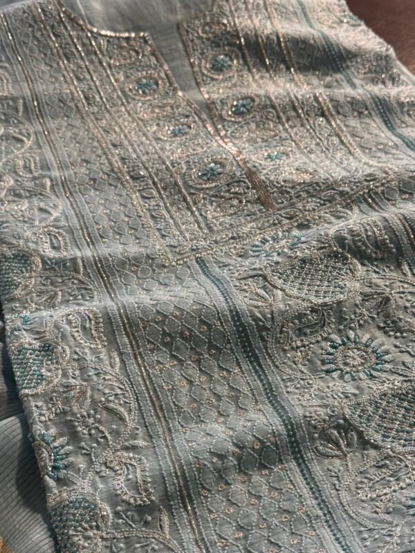 Powder Blue Linen silk Chikankari With Ari Work Unstitched Kurta Dupatta Set Copy - Image 9