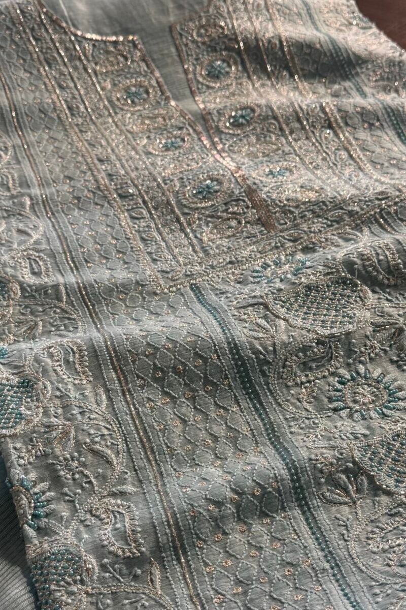 Powder Blue Linen silk Chikankari With Ari Work Unstitched Kurta Dupatta Set Copy