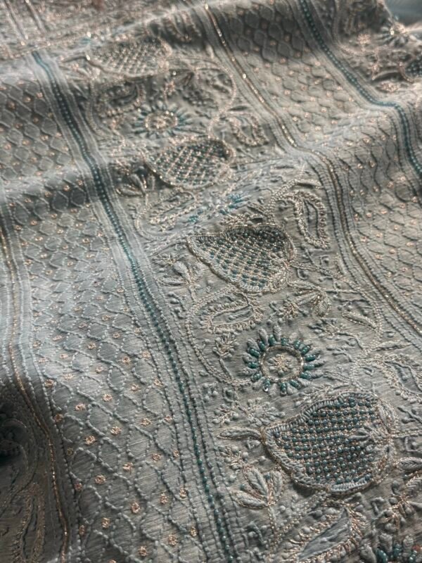 Powder Blue Linen silk Chikankari With Ari Work Unstitched Kurta Dupatta Set Copy - Image 11