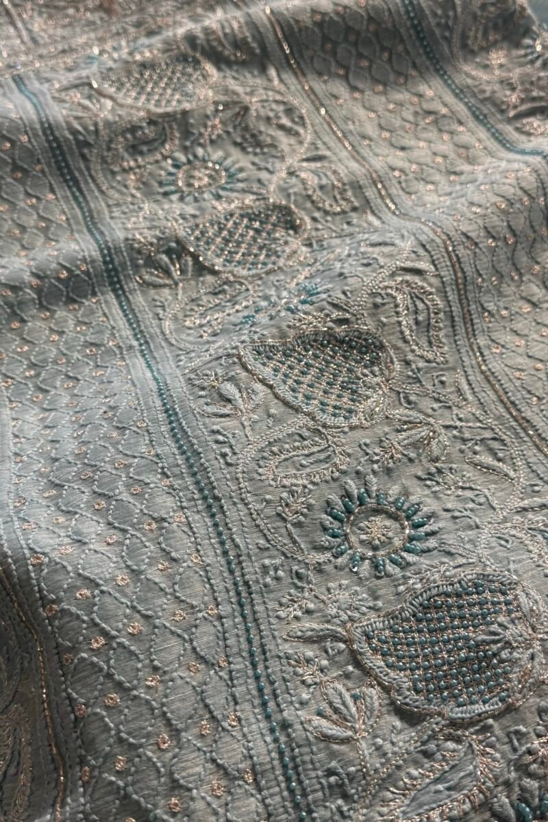Powder Blue Linen silk Chikankari With Ari Work Unstitched Kurta Dupatta Set Copy