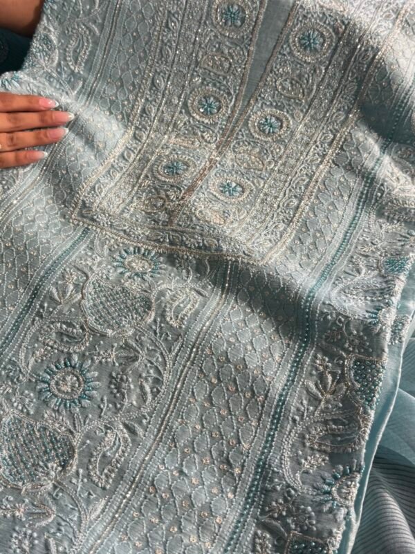 Powder Blue Linen silk Chikankari With Ari Work Unstitched Kurta Dupatta Set Copy - Image 8