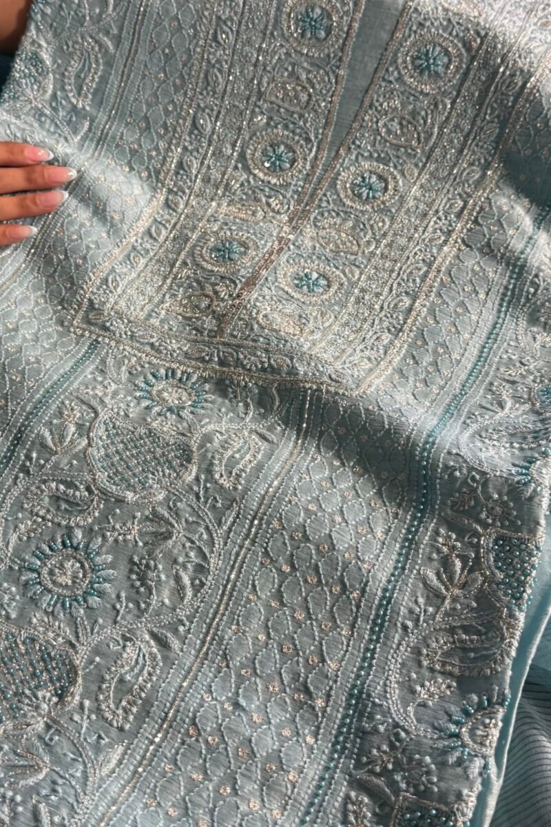 Powder Blue Linen silk Chikankari With Ari Work Unstitched Kurta Dupatta Set Copy
