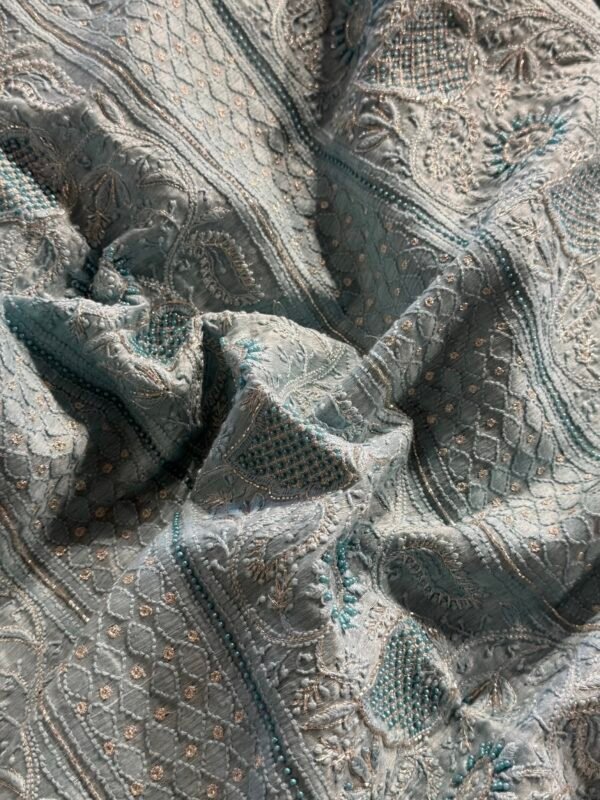 Powder Blue Linen silk Chikankari With Ari Work Unstitched Kurta Dupatta Set Copy - Image 7