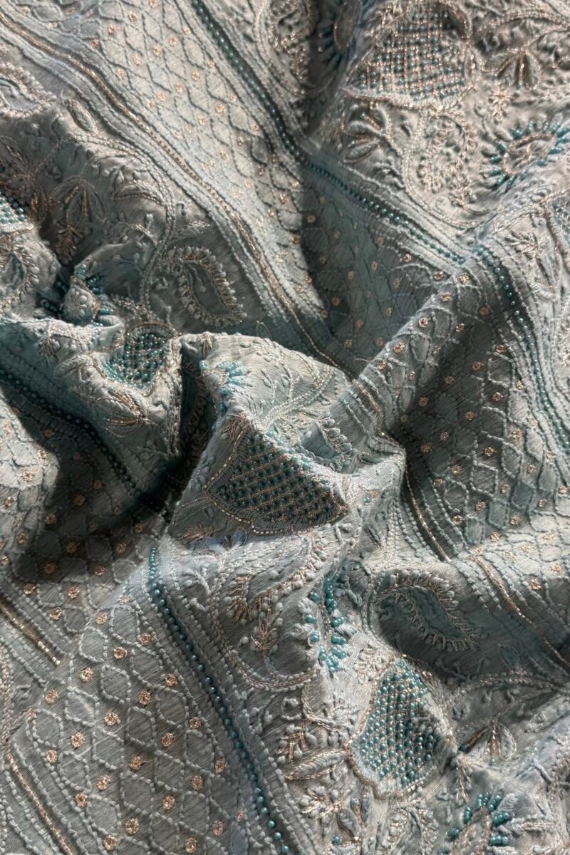 Powder Blue Linen silk Chikankari With Ari Work Unstitched Kurta Dupatta Set Copy