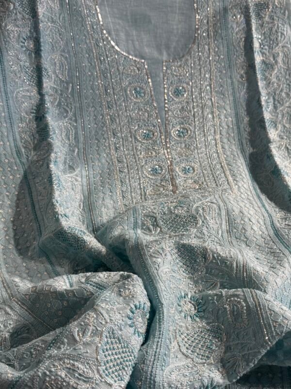 Powder Blue Linen silk Chikankari With Ari Work Unstitched Kurta Dupatta Set Copy - Image 4