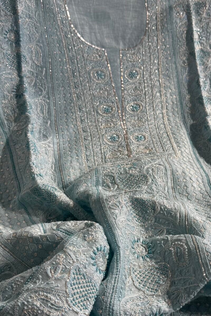 Powder Blue Linen silk Chikankari With Ari Work Unstitched Kurta Dupatta Set Copy