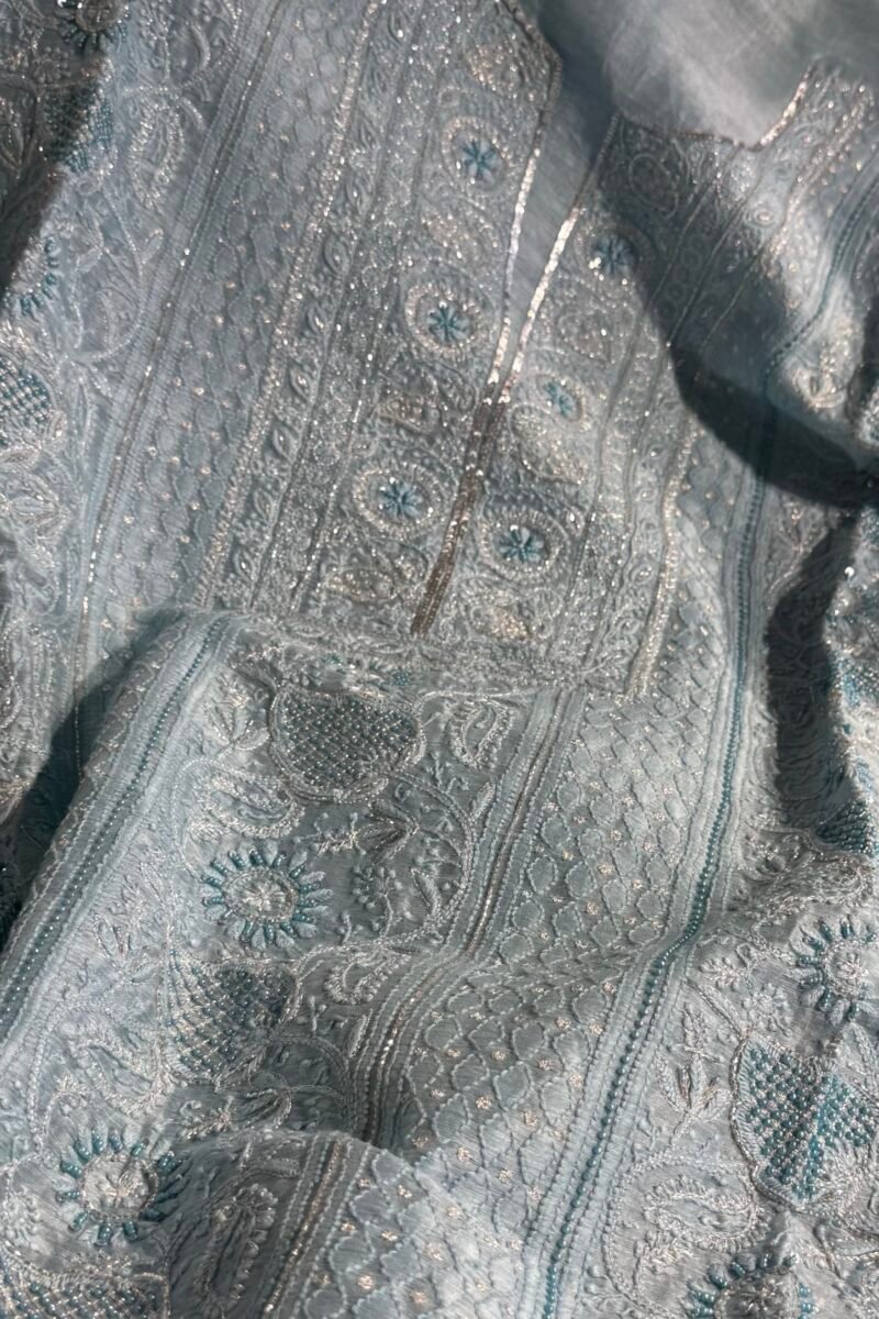 Powder Blue Linen silk Chikankari With Ari Work Unstitched Kurta Dupatta Set Copy