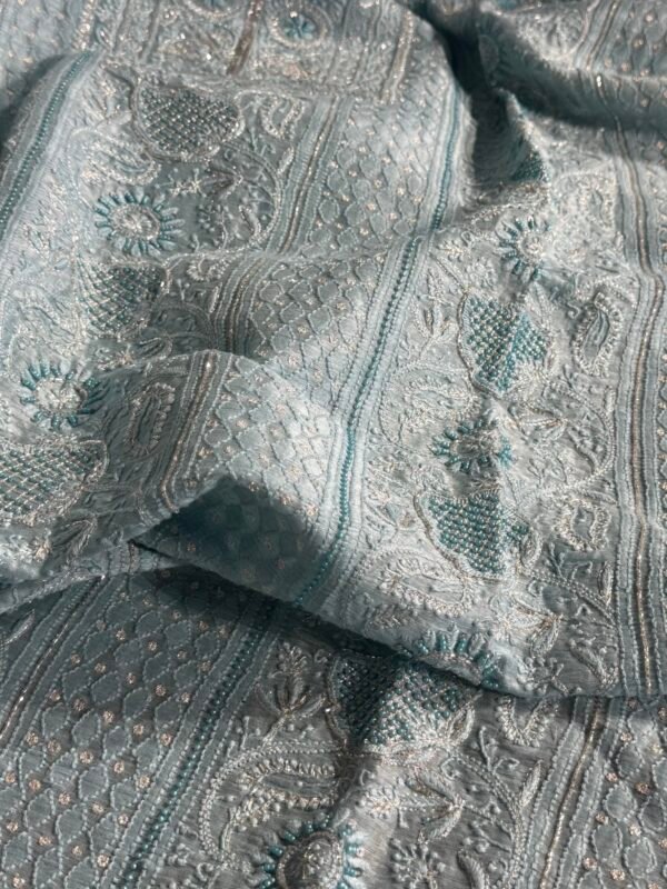 Powder Blue Linen silk Chikankari With Ari Work Unstitched Kurta Dupatta Set Copy - Image 15