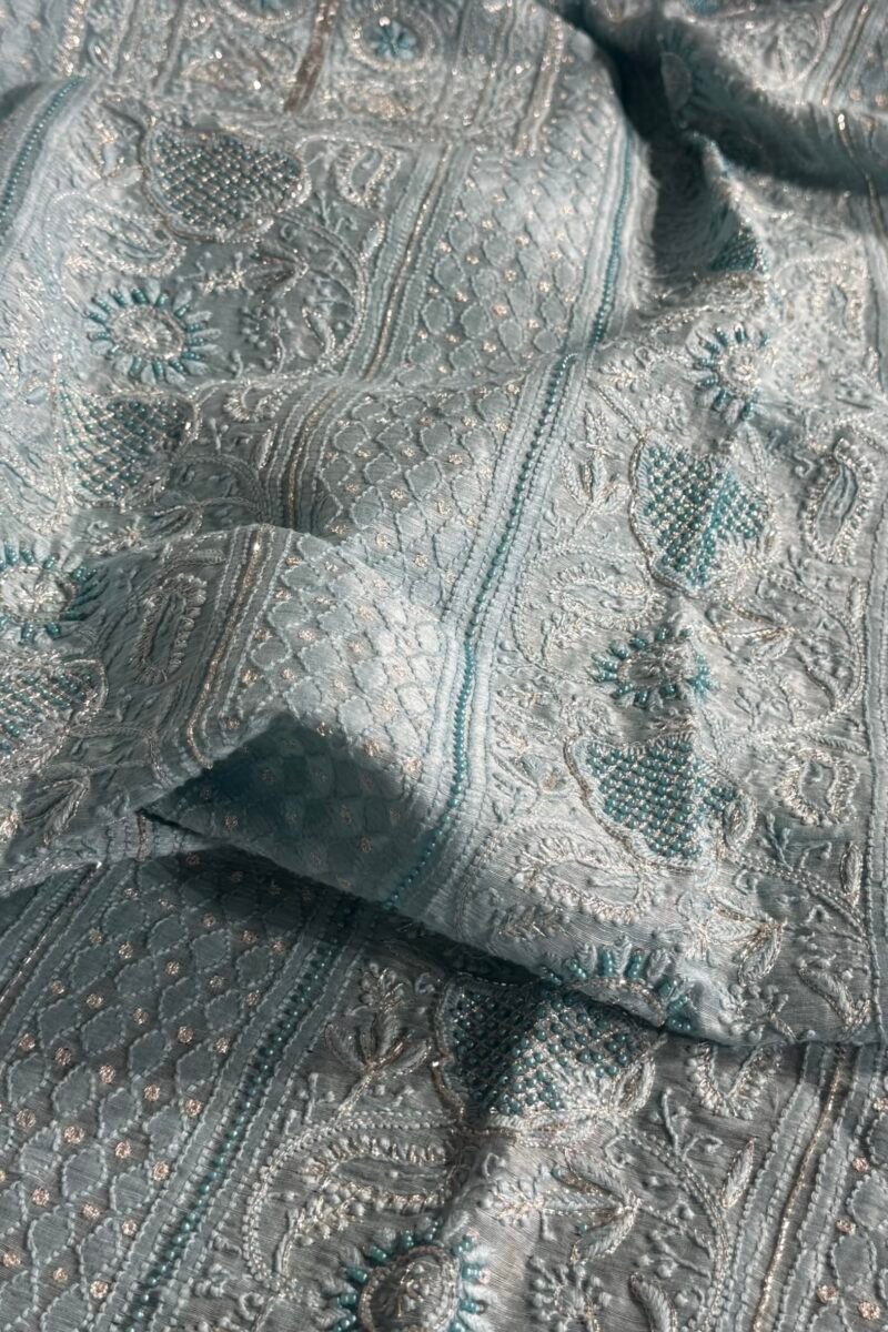 Powder Blue Linen silk Chikankari With Ari Work Unstitched Kurta Dupatta Set Copy