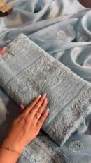 Powder Blue Linen silk Chikankari With Ari Work Unstitched Kurta Dupatta Set Copy