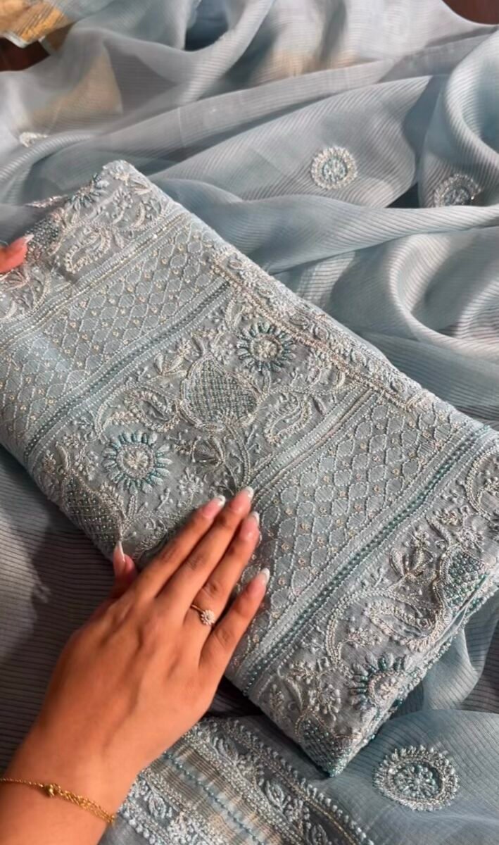 Powder Blue Linen silk Chikankari With Ari Work Unstitched Kurta Dupatta Set Copy