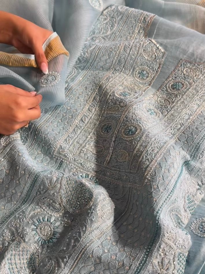 Powder Blue Linen silk Chikankari With Ari Work Unstitched Kurta Dupatta Set Copy