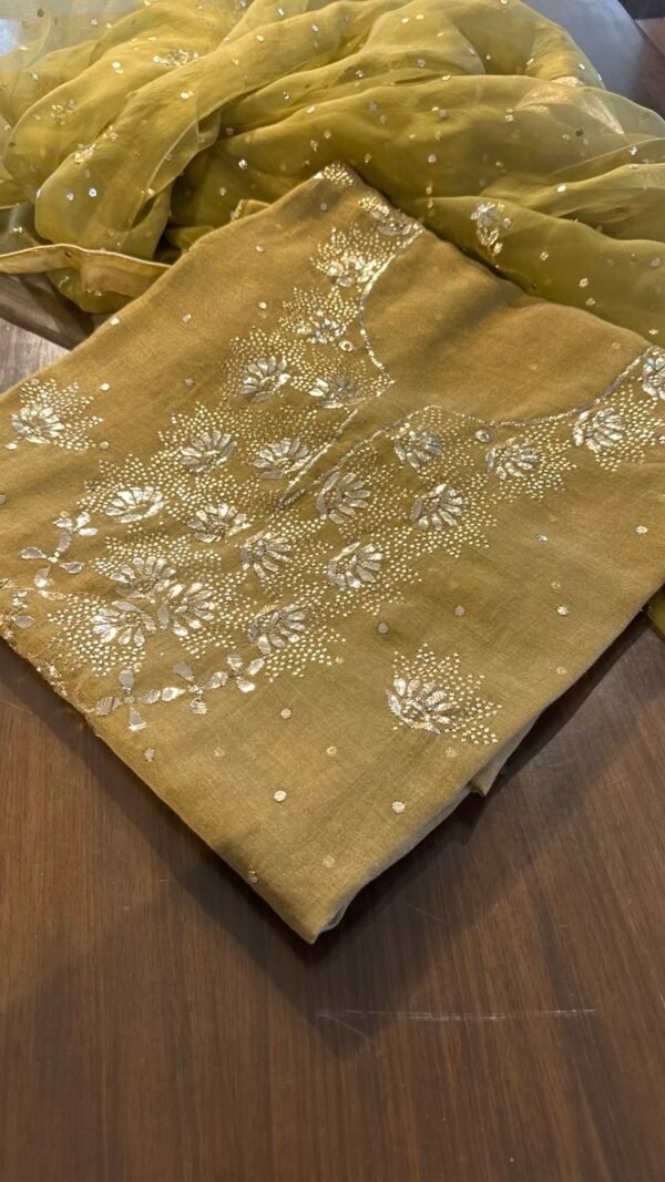 Green Roheen Tissue Silk Mukaish Badla Fabric