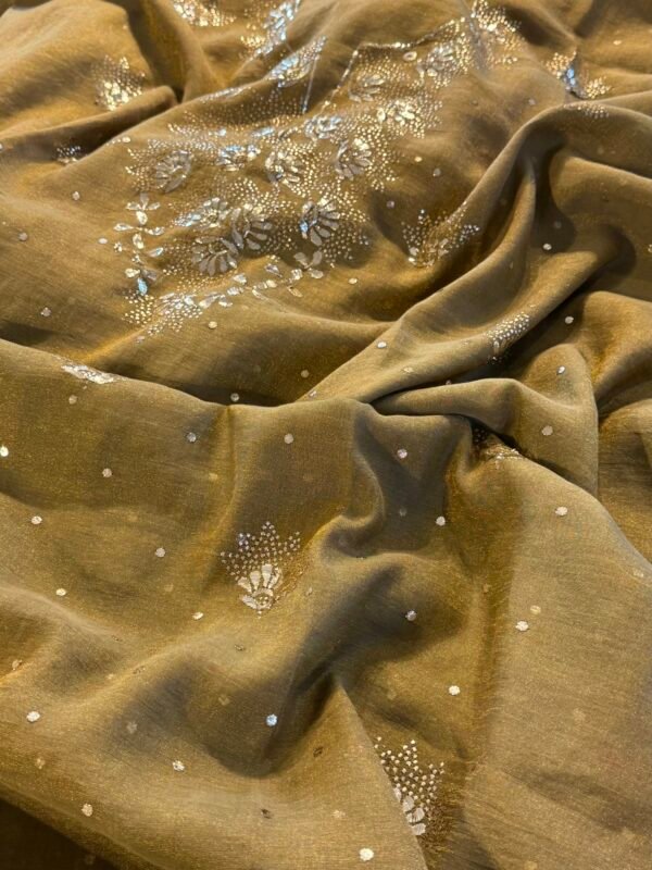 Green Roheen Tissue Silk Mukaish Badla Fabric - Image 3