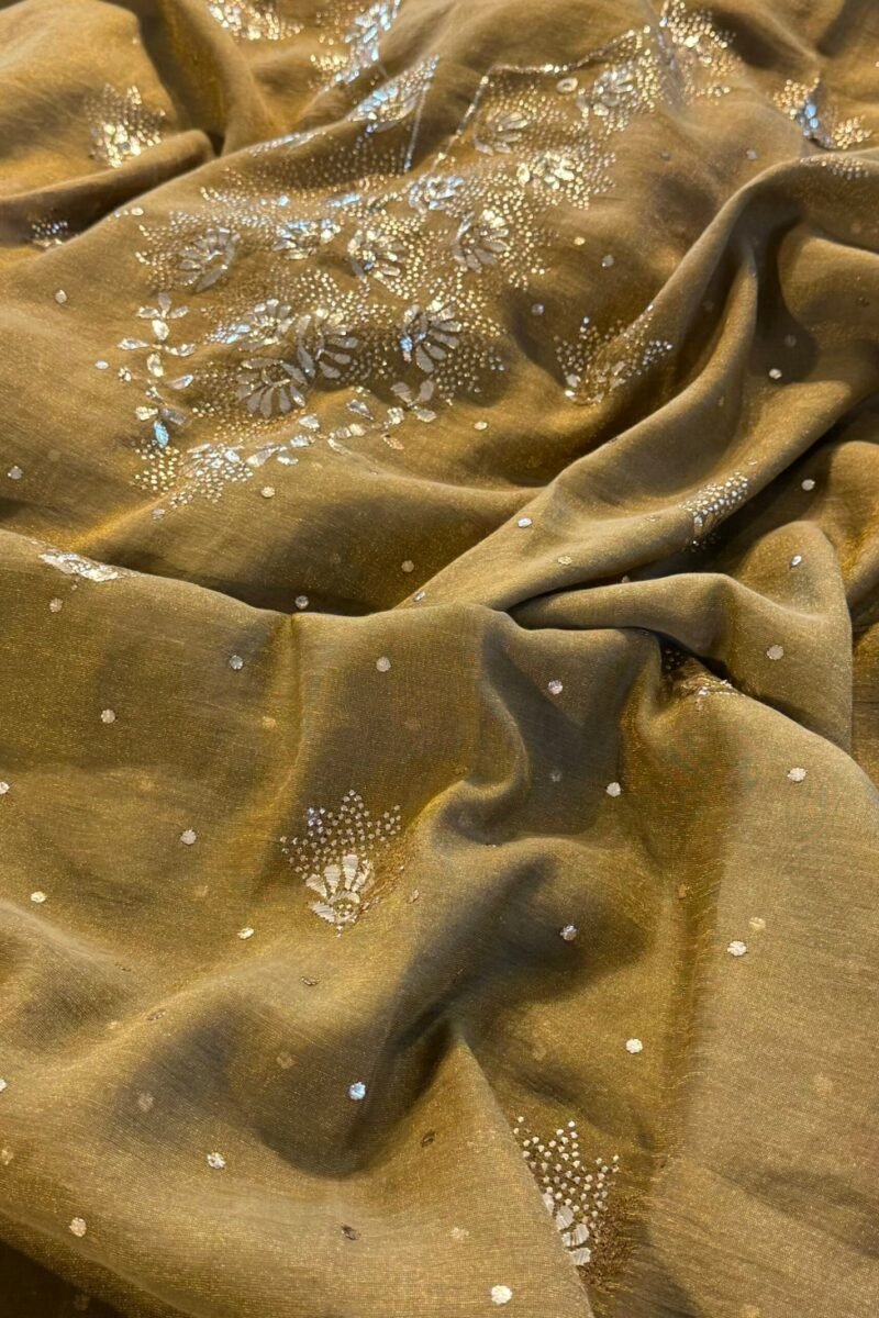 Green Roheen Tissue Silk Mukaish Badla Fabric