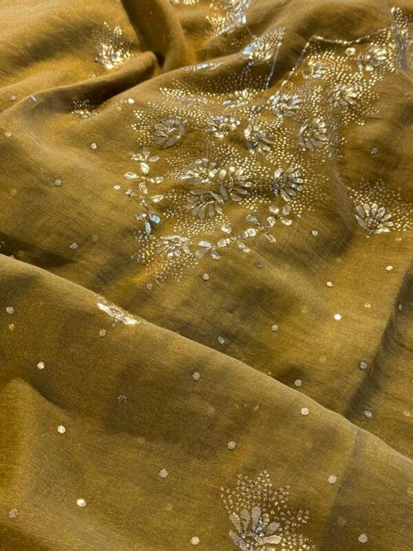 Green Roheen Tissue Silk Mukaish Badla Fabric - Image 2