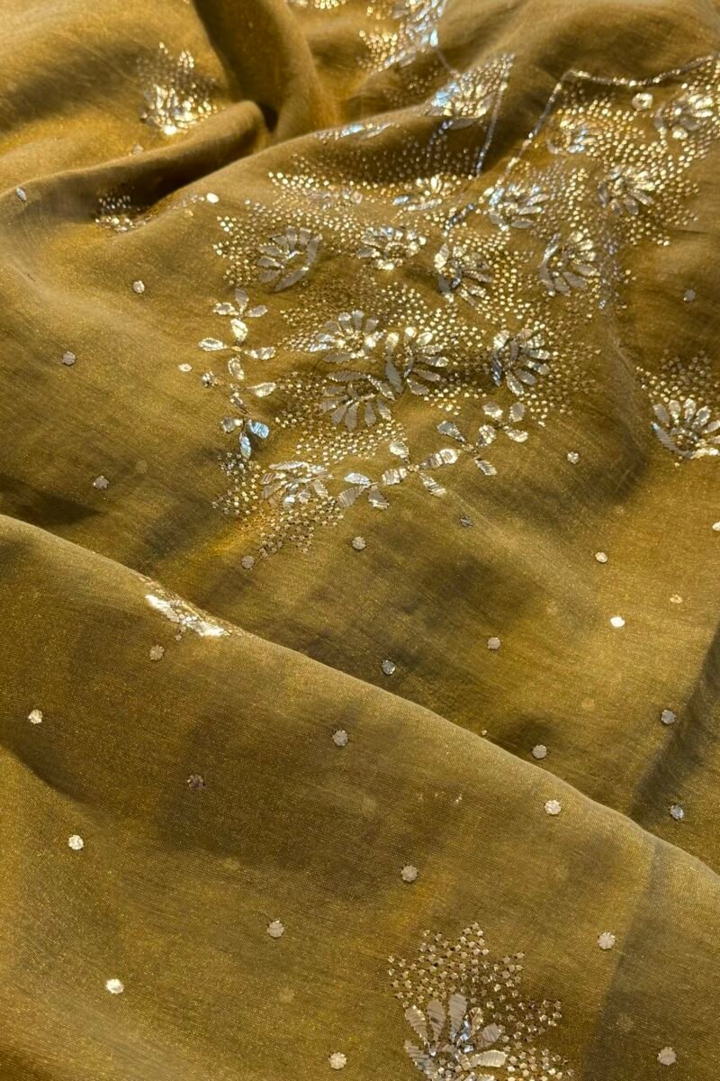 Green Roheen Tissue Silk Mukaish Badla Fabric