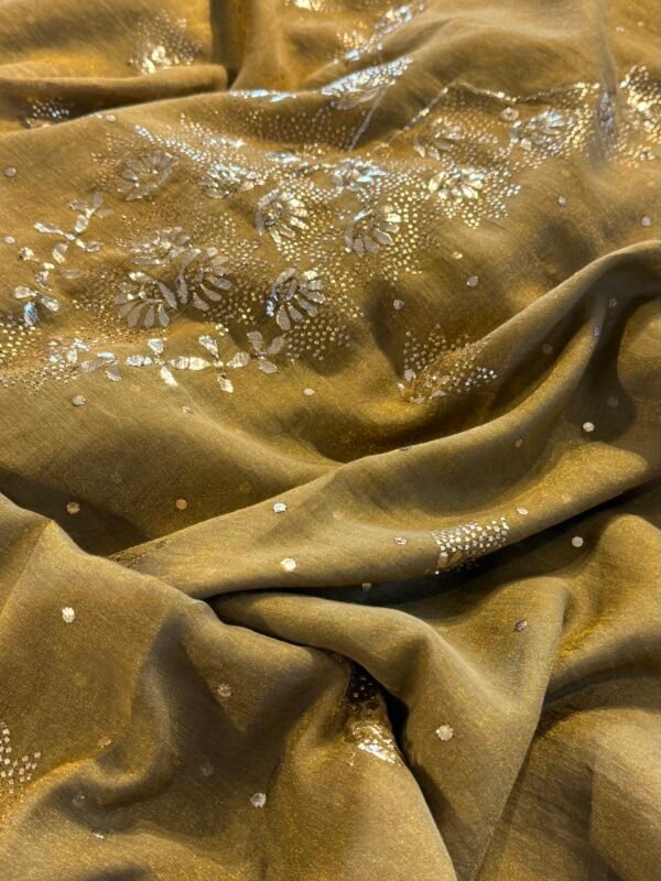 Green Roheen Tissue Silk Mukaish Badla Fabric - Image 4