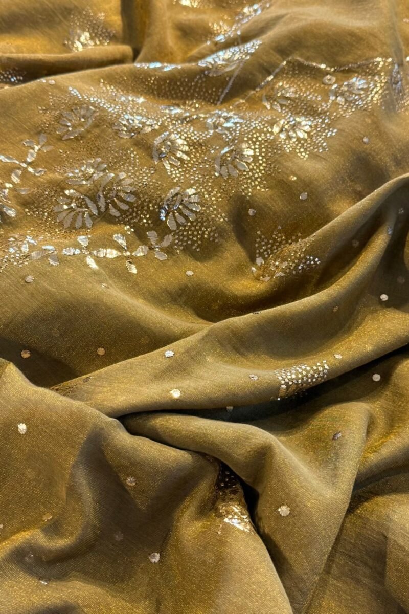Green Roheen Tissue Silk Mukaish Badla Fabric