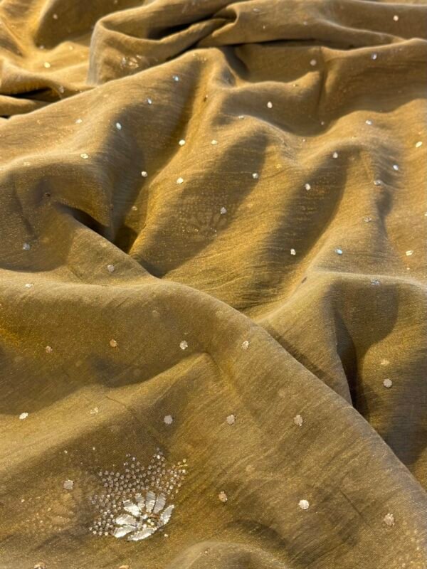 Green Roheen Tissue Silk Mukaish Badla Fabric - Image 7