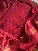 Roheen Red Tussar Silk Chikankari Unstitched Kurta Dupatta Fabrics Set