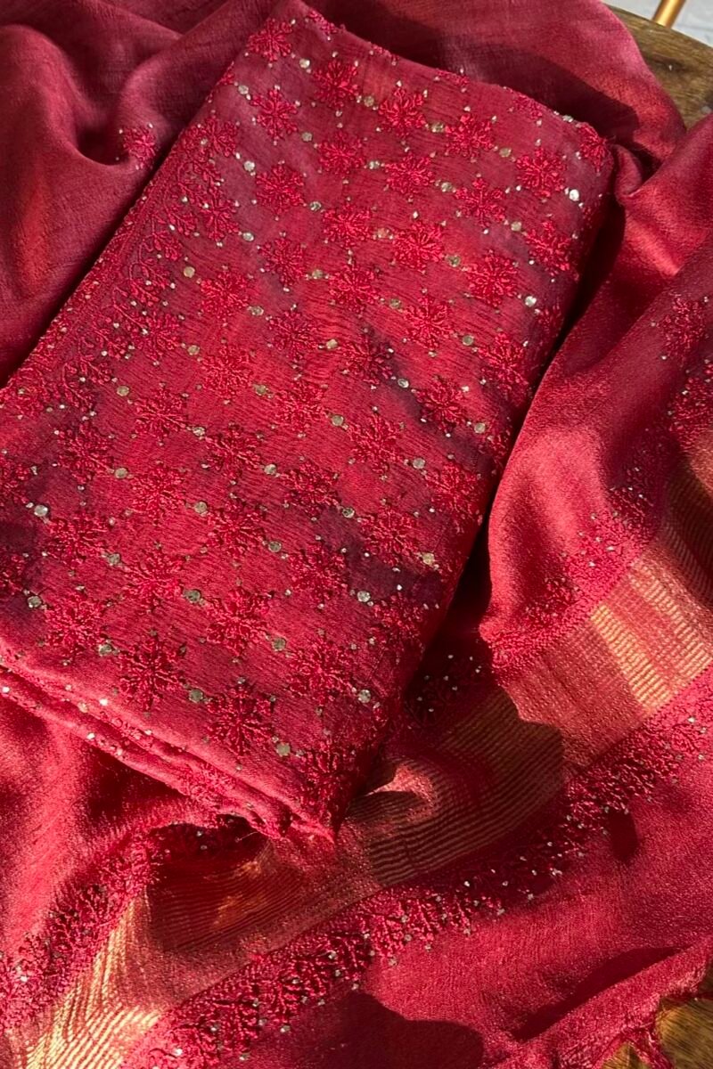 Roheen Red Tussar Silk Chikankari Unstitched Kurta Dupatta Fabrics Set