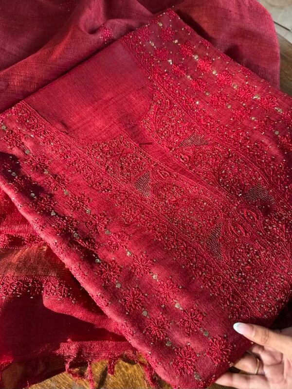 Roheen Red Tussar Silk Chikankari Unstitched Kurta Dupatta Fabrics Set