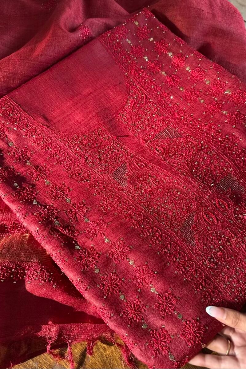 Roheen Red Tussar Silk Chikankari Unstitched Kurta Dupatta Fabrics Set