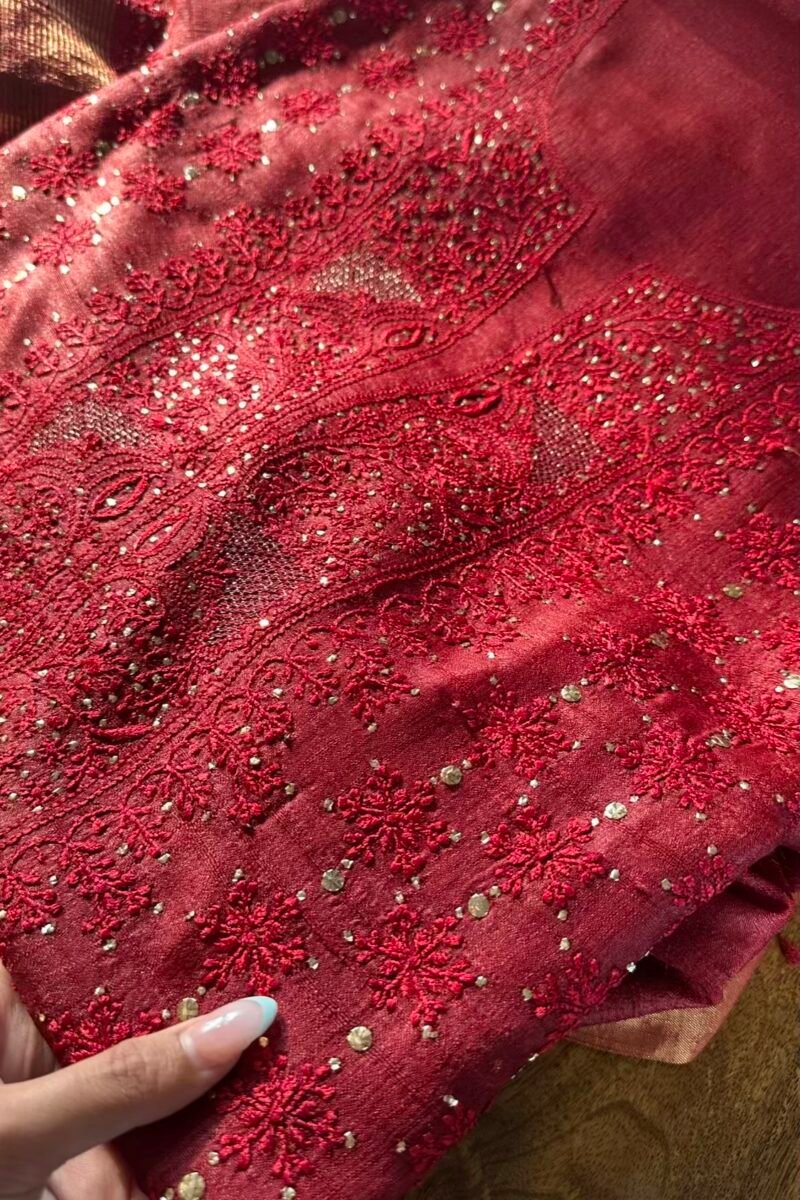 Roheen Red Tussar Silk Chikankari Unstitched Kurta Dupatta Fabrics Set