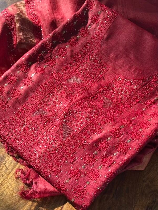 Roheen Red Tussar Silk Chikankari Unstitched Kurta Dupatta Fabrics Set - Image 4