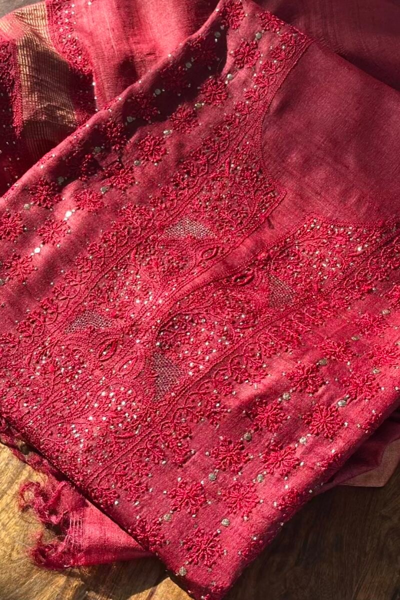 Roheen Red Tussar Silk Chikankari Unstitched Kurta Dupatta Fabrics Set