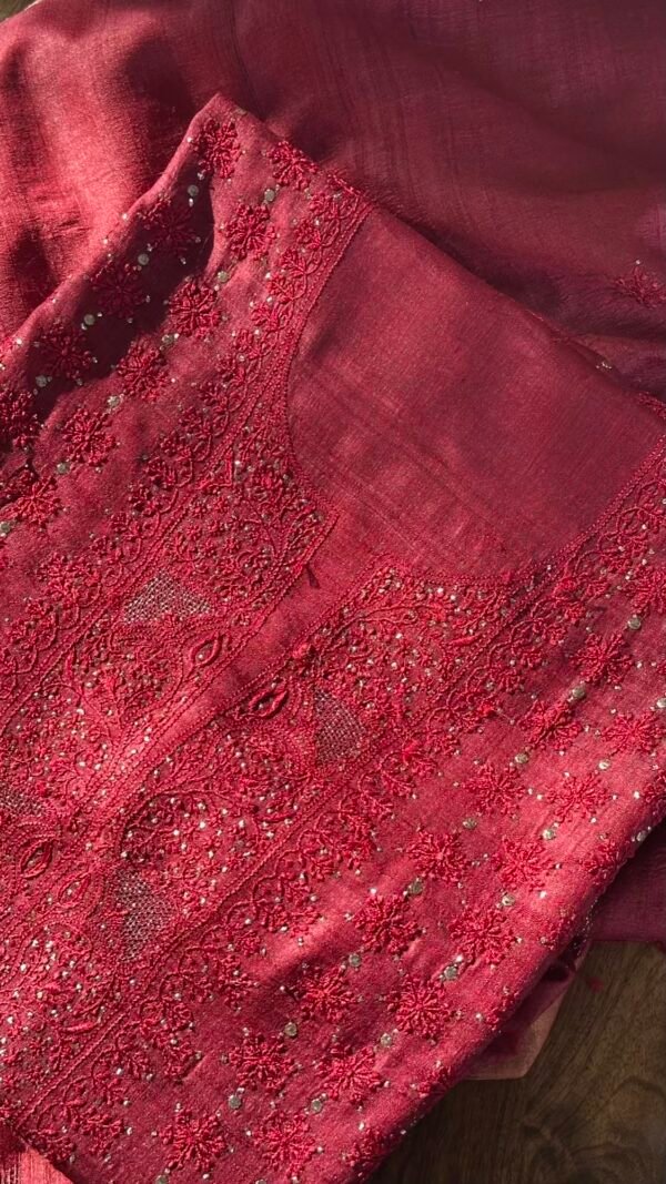 Roheen Red Tussar Silk Chikankari Unstitched Kurta Dupatta Fabrics Set - Image 6
