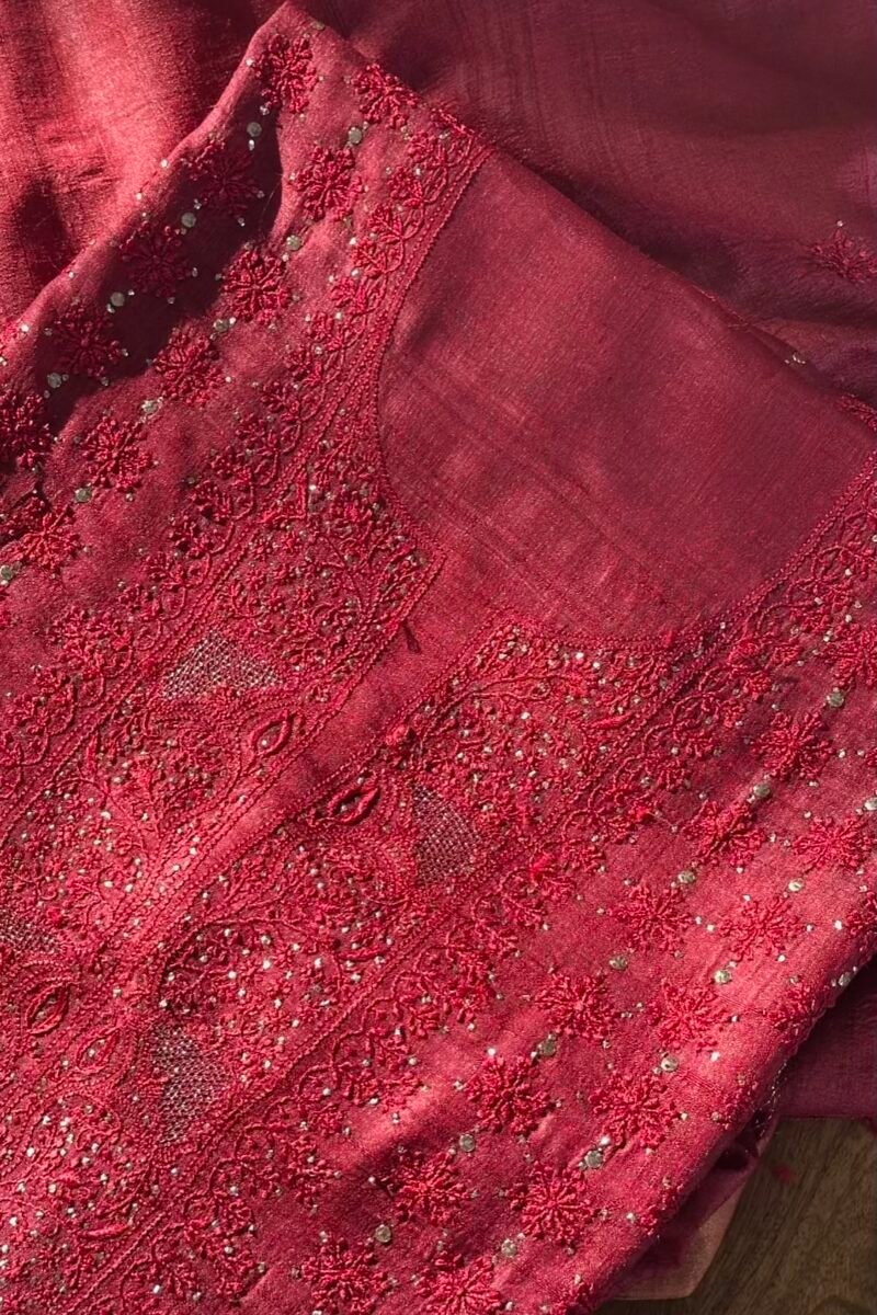 Roheen Red Tussar Silk Chikankari Unstitched Kurta Dupatta Fabrics Set
