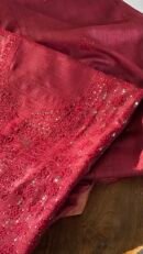 Roheen Red Tussar Silk Chikankari Unstitched Kurta Dupatta Fabrics Set