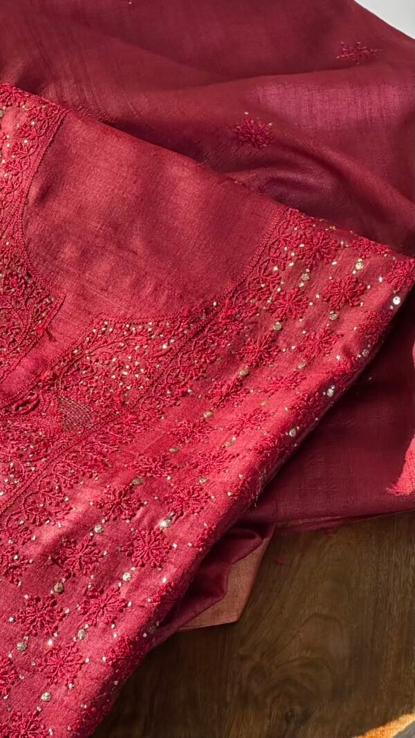 Roheen Red Tussar Silk Chikankari Unstitched Kurta Dupatta Fabrics Set - Image 7
