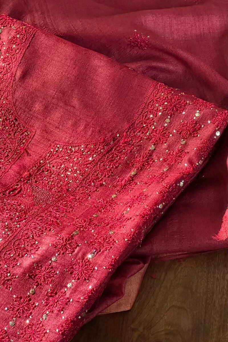 Roheen Red Tussar Silk Chikankari Unstitched Kurta Dupatta Fabrics Set