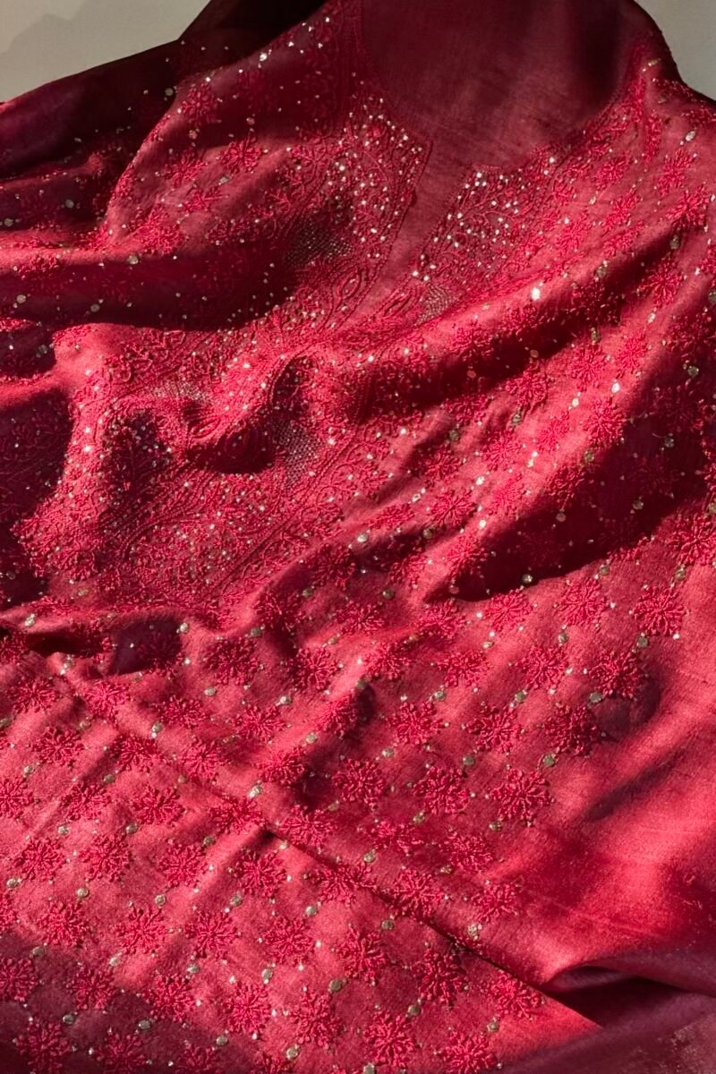 Roheen Red Tussar Silk Chikankari Unstitched Kurta Dupatta Fabrics Set