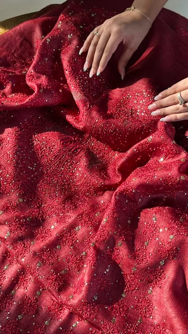 Roheen Red Tussar Silk Chikankari Unstitched Kurta Dupatta Fabrics Set - Image 5