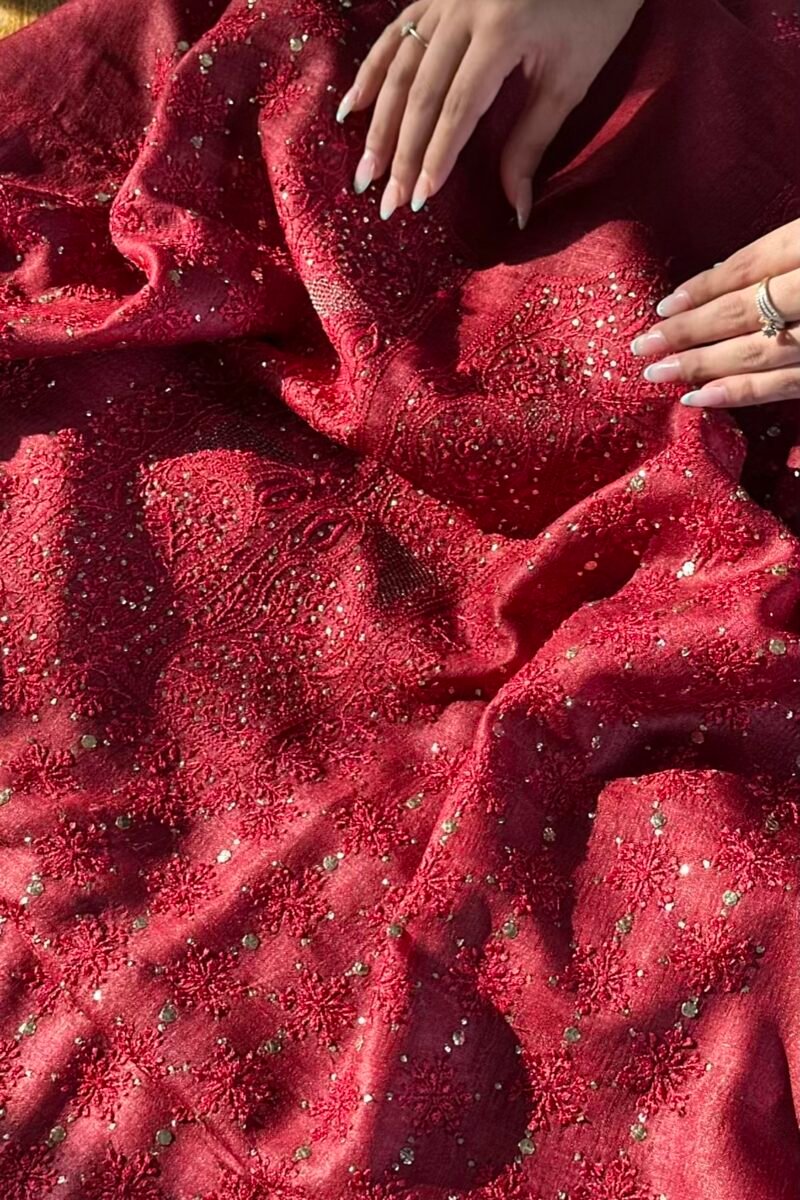 Roheen Red Tussar Silk Chikankari Unstitched Kurta Dupatta Fabrics Set